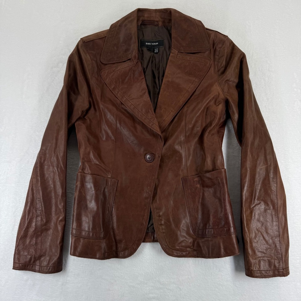 ZARA WOMAN Brown Leather Blazer Jacket Button‎ Front Outerwear Size Medium